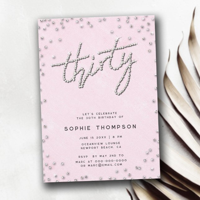 Convite Aniversário de 30 anos rosa de caligrafia das Rhin (rhinestones modern calligraphy pink elegant 30th birthday invitation for women)
