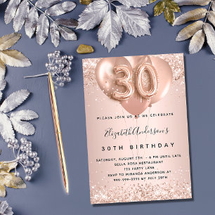 Convite aniversário de 30 anos rosa de ouro, balões luxuos