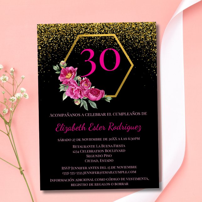 Convite Aniversário de 30 anos Rosa Dourado Preto-Chic Esp (Criador carregado)