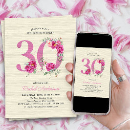 Convite aniversário de 30 anos Rosa Peony Floral Número 30