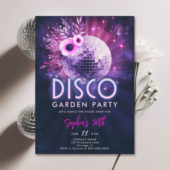 Convite Aniversário de 30 anos Rosa Quente do Partido do J (disco garden party 30th birthday invitation groovy 70s floral disco ball hot pink purple classy)