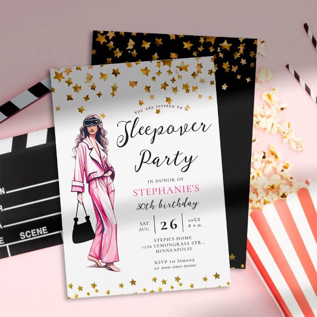 Convite Aniversário de 30 anos Rosa-Rosa-Fashion, Partido  (adult sleepover party invitation 30th birthday women fashion pajama hot pink gold stars elegant chic)