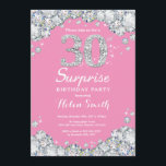 Convite Aniversário de 30 anos rosa surpresa e Diamante pr<br><div class="desc">Convite para aniversário de 30 anos surpresa. Fundo do Quadro de Diamantes do Rhinestone,  rosa e prateado. Convidado Elegante Birthday Bash. Preto e Branco. Aniversário Adulto. Mulheres Aniversário. Homens Aniversário. Para mais personalização,  clique no botão "Personalizar" e use nossa ferramenta de design para modificar este modelo.</div>