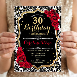 Convite aniversário de 30 anos - Rosa vermelha Dourado pre