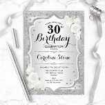 Convite aniversário de 30 anos - Rosas Brancas de Stripes<br><div class="desc">Convite para aniversário de 30 anos. Design floral elegante em prata e branco. Apresenta fitas cintilantes de prata,  fontes de na moda de rosas brancas e confetti. Perfeito para uma festa de aniversário de vidro.</div>