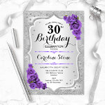 Convite aniversário de 30 anos - Rosas Roxos de Prata<br><div class="desc">Convite para aniversário de 30 anos. Design floral elegante em prata e roxo. Apresenta faixas de prata com brilho sujo,  fontes de script na moda de rosa de de roxo e confetti. Perfeito para uma festa de aniversário de vidro.</div>