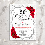 Convite aniversário de 30 anos - Rosas vermelhas brancas p<br><div class="desc">Convite para aniversário de 30 anos elegante. Na moda design em branco,  prateado e vermelho. Possui rosas vermelhas,  cor damasco e falso confete prateado brilhante. Perfeito para uma festa de aniversário branca. Pode ser personalizado para mostrar qualquer idade. Envie-me uma mensagem se precisar de mais personalização.</div>