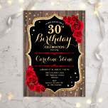 Convite aniversário de 30 anos - Rosas vermelhas de madeir<br><div class="desc">Convite para aniversário de 30 anos russo. Design elegante com padrão de madeira castanho escuro,  rosas vermelhas e ouro brilhante falso. Possui fonte de script e confetti. Perfeito para uma festa de aniversário na moda. Personalize com seus próprios detalhes.</div>