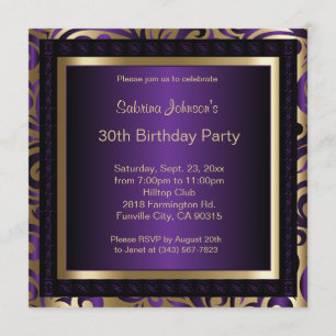 Convite aniversário de 30 anos Roxo Elegante e Dourado