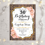 Convite Aniversário de 30 anos russo - Rosas rosadas rosad<br><div class="desc">Convite para aniversário de 30 anos russo. Design elegante com rosas rosa pinceladas,  ouro brilhante falso e padrão de madeira castanha escura. Possui fonte de script na moda e confetti. Perfeito para uma bolsa mensageifesta de aniversario elegante. Personalize com seus próprios detalhes.</div>