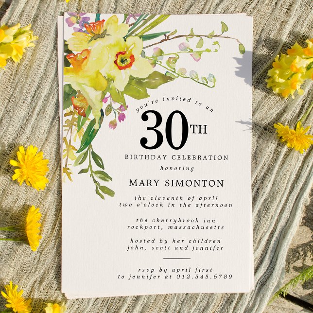 Convite Aniversário de 30 anos Rustic Boho Yellow Daffodil (Criador carregado)