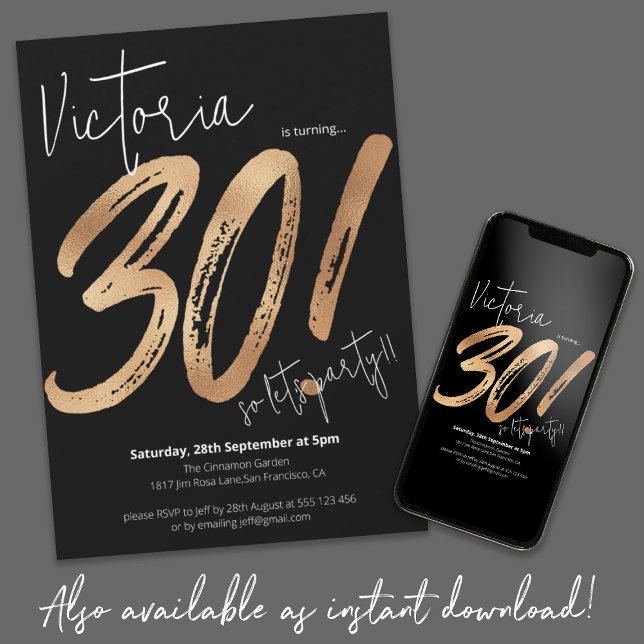 Convite aniversário de 30 anos Script Dourado Black Modern (Sassy 30th Birthday Gold Black Modern Minimalist Invitation)