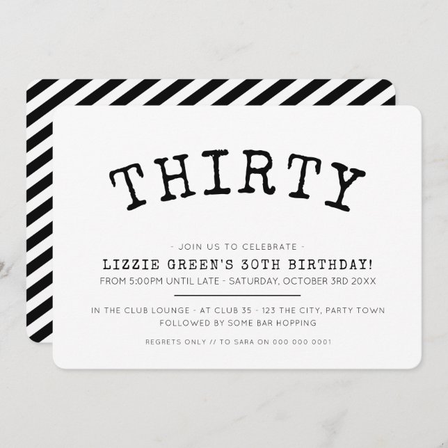 Convite aniversário de 30 anos simples e moderno negro (Frente/Verso)
