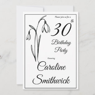 Convite Aniversário de 30 anos Snowdrop Floral Preto e Bra