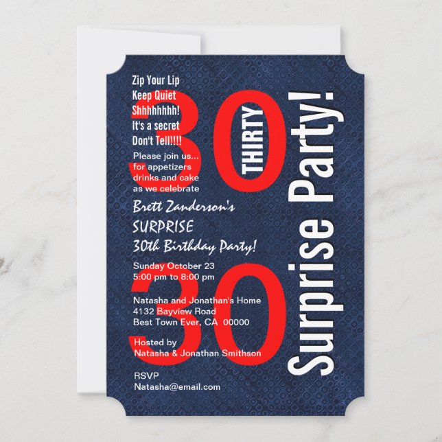 Convite aniversário de 30 anos SURPRESA Azul Real Moderno  (Frente)
