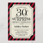 Convite Aniversário de 30 anos Surpresa - Black Red Stripe<br><div class="desc">Convite de celebração de aniversário de 30 anos surpresa. Design elegante com listras vermelhas pretas e padrão de burlap. Apresenta uma fonte elegante de script preto. Envie-me uma mensagem se precisar de mais personalização.</div>