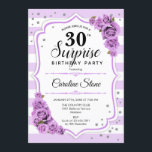 Convite Aniversário de 30 anos Surpresa - Branco roxo<br><div class="desc">Convite para aniversário de 30 anos surpresa. Branco feminino,  design lilás lavanda. Apresenta faixas,  rosas púrpura pastel,  fonte de script e confetti. Perfeito para uma bolsa mensageifesta de aniversario elegante. Pode ser personalizado para mostrar qualquer idade. Envie-me uma mensagem se precisar de mais personalização.</div>