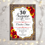 Convite Aniversário de 30 anos Surpresa - Girassóis - Made<br><div class="desc">Convite para aniversário de 30 anos surpresa. Design branco, branco, vermelho e rústico feminino com ouro brilhante. Apresenta padrão de madeira, rosas vermelhas, girassóis, fontes de script e confetti. Perfeito para uma bolsa mensageifesta de aniversario elegante. Pode ser personalizado para mostrar qualquer idade. Envie-me uma mensagem se precisar de mais...</div>