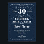 Convite Aniversário de 30 anos Surpresa - Marinho azul bra<br><div class="desc">Convite para aniversário de 30 anos surpresa. Design azul e branco retrô elegante. Até 30 anos! Pode ser personalizado para mostrar qualquer idade.</div>