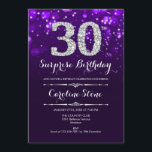 Convite Aniversário de 30 anos Surpresa - Prata Roxa<br><div class="desc">Convite para aniversário de 30 anos surpresa. Design púrpura elegante com prata brilhante. Aniversário adulto. Apresenta diamantes,  luzes de boque e fontes de script. Homens ou mulheres convidam no dia. Perfeito para uma festa de aniversário na moda. Envie-me uma mensagem se precisar de mais personalização.</div>