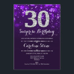 Convite Aniversário de 30 anos Surpresa - Prata Roxa<br><div class="desc">Convite para aniversário de 30 anos surpresa. Design púrpura elegante com prata brilhante. Aniversário adulto. Apresenta diamantes,  luzes de boque e fontes de script. Homens ou mulheres convidam no dia. Perfeito para uma festa de aniversário na moda. Envie-me uma mensagem se precisar de mais personalização.</div>