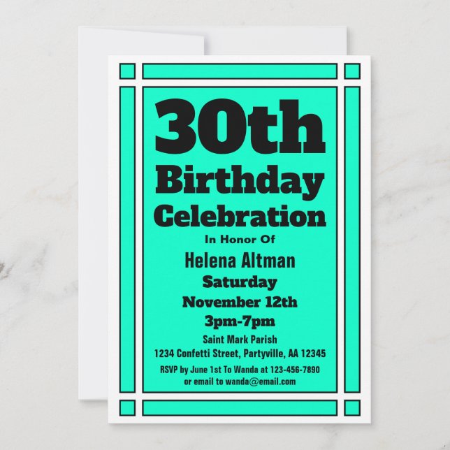 Convite Aniversário de 30 anos Teal (Frente)