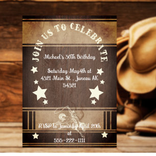 Convite Aniversário de 30 anos temático de cowboy em madei