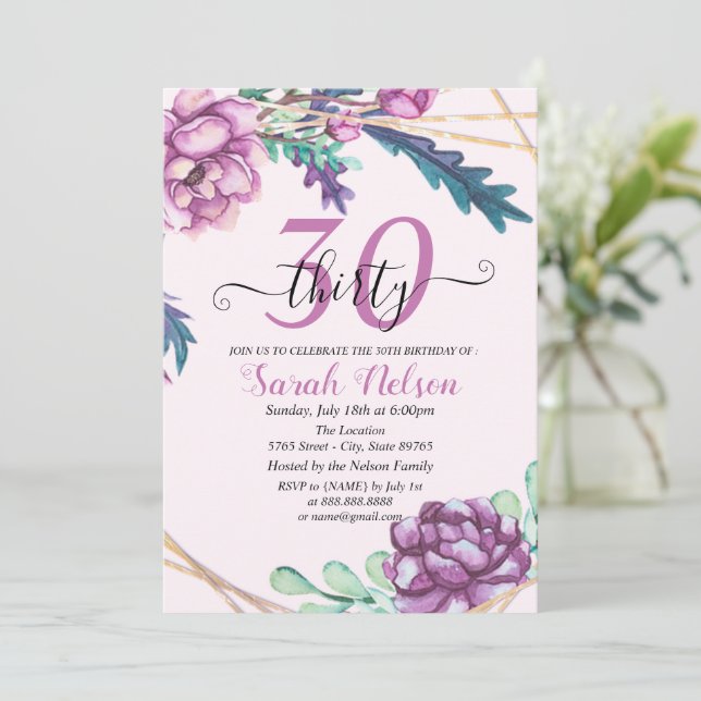 Convite Aniversário de 30 anos Tropical Roxo (Em pé/Frente)