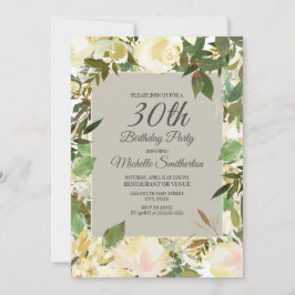 Convite Aniversário de 30 anos Verde-Floral Branco-Creme