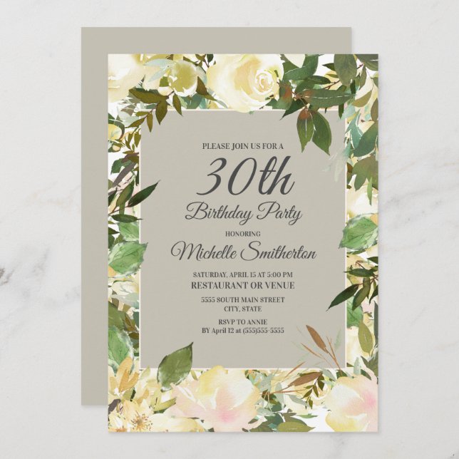 Convite Aniversário de 30 anos Verde-Floral Branco-Creme (Frente/Verso)
