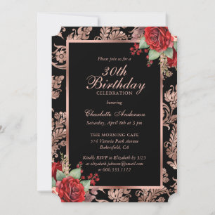 Convite Aniversário de 30 anos Vermelho Dourado Rosa