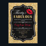 Convite aniversário de 30 anos - Vermelho Negro Dourado e<br><div class="desc">Convite para aniversário de 30 anos. Design branco preto elegante com ouro brilhante. Apresenta lábios vermelhos beijando,  confetti e fonte de script. Perfeito para uma bolsa mensageifesta de aniversario elegante. 30 Fabulosos! Envie-me uma mensagem se precisar de mais personalização.</div>