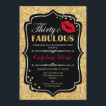 Convite aniversário de 30 anos - Vermelho Negro Dourado e<br><div class="desc">Convite para aniversário de 30 anos. Design branco preto elegante com ouro brilhante. Apresenta lábios vermelhos beijando,  confetti e fonte de script. Perfeito para uma bolsa mensageifesta de aniversario elegante. 30 Fabulosos! Envie-me uma mensagem se precisar de mais personalização.</div>
