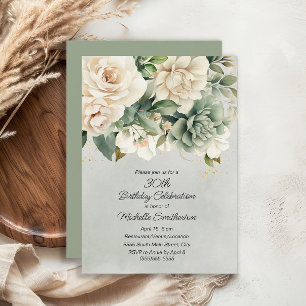 Convite Aniversário de 30 anos White Sage Verde Floral Dou