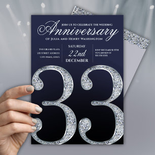 Convite Aniversário de 33 anos Diamante Prata Azul Marinho