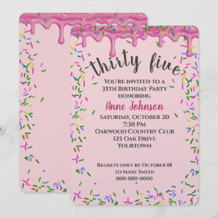 Convite Aniversário de 35 anos com glacê rosa e confeitos