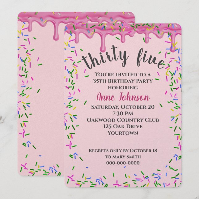 Convite Aniversário de 35 anos com glacê rosa e confeitos (Frente/Verso)