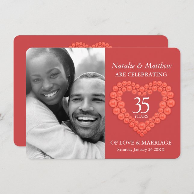 Convite Aniversário de 35 anos de casamento coral laranja (Frente/Verso)