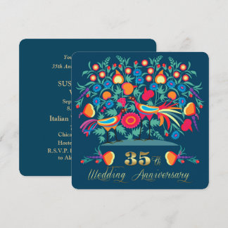 Convite Aniversário de 35 anos de Casamento Folk Art