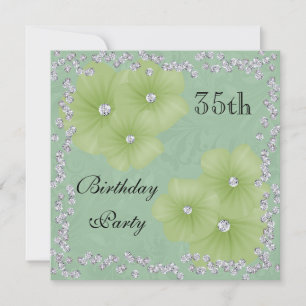 Convite Aniversário de 35 anos Green Damask & Flowers