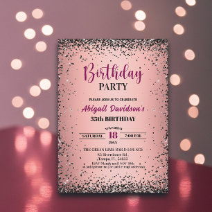 Convite Aniversário de 35 anos Rosa Brilho Metálico Preto