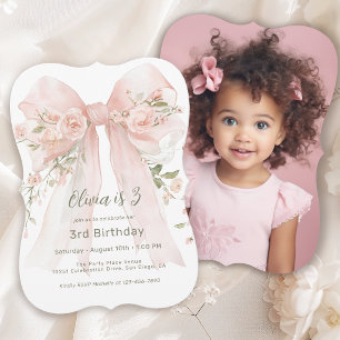 Convite Aniversário de 3 anos da menina com laço floral ro