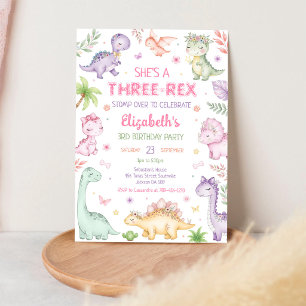 Convite Aniversário de 3 anos da menina dinossauro Pastel 