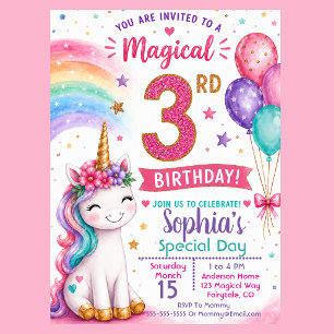 Convite Aniversário de 3 anos da Menina Unicórnio Mágico