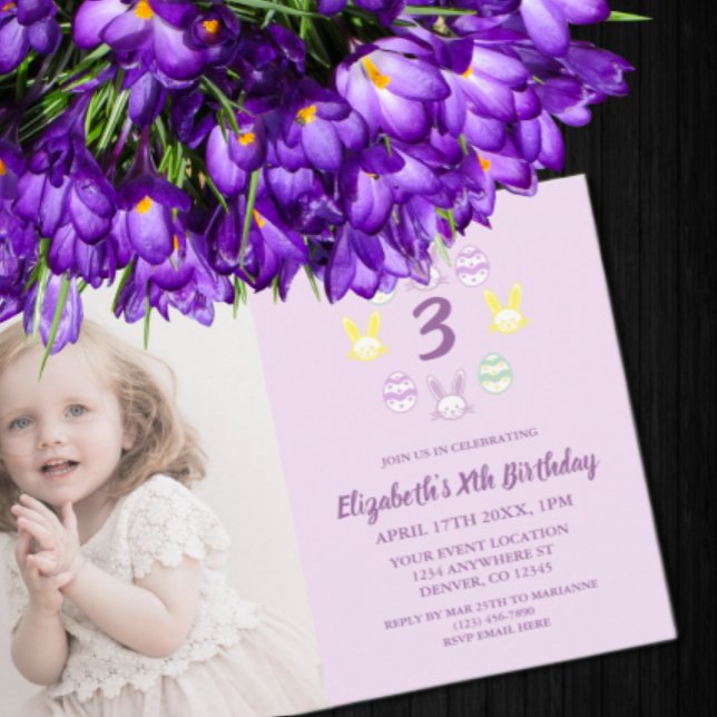 Convite aniversário de 3 anos da Páscoa lavanda (Criador carregado)