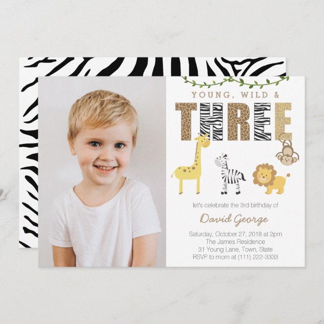 Convite Aniversário de 3 anos da Selva Safari Selvagem par (Frente/Verso)