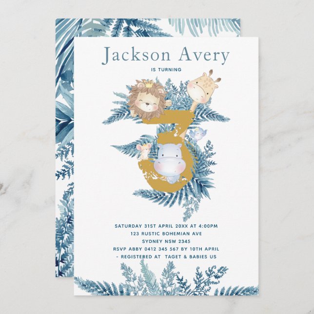 Convite Aniversário de 3 anos de Animais Safari Azuis (Frente/Verso)