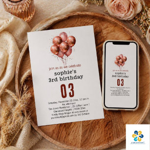 Convite Aniversário de 3 anos de balão Dourado Rosa com br