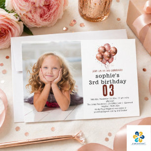 Convite Aniversário de 3 anos de balão Dourado Rosa com br