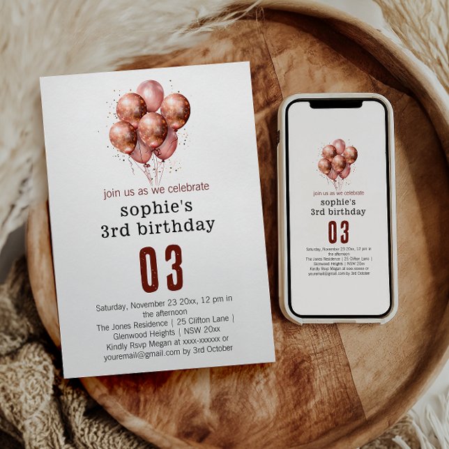 Convite Aniversário de 3 anos de balão Dourado Rosa com br (Criador carregado)